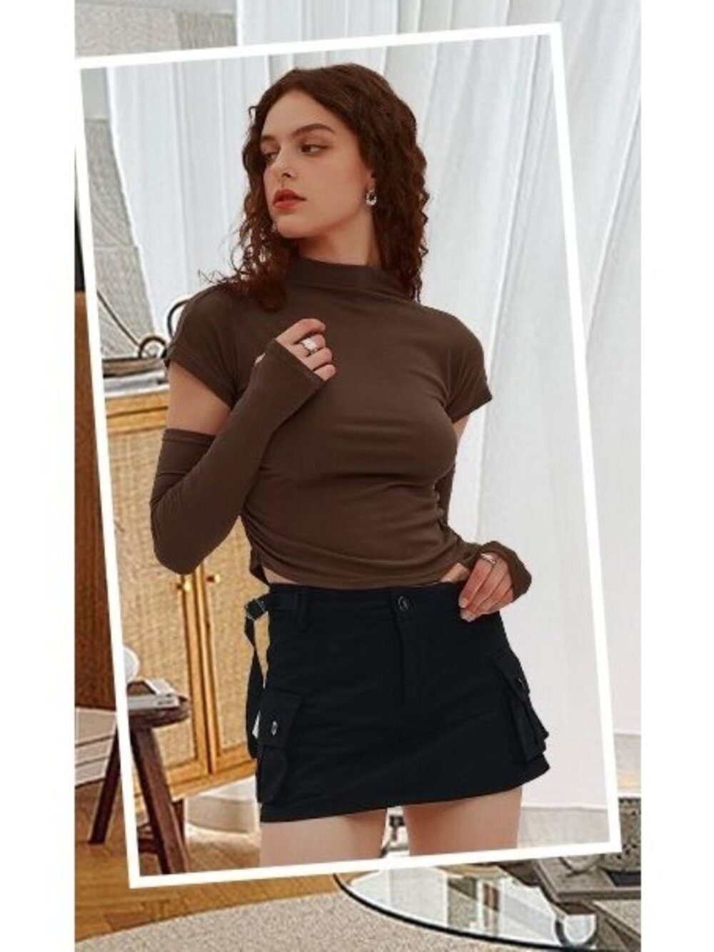 Brown Ruched Short‑Sleeve Top with Matching Arm Warmers – Y2K Style, Slim Fit